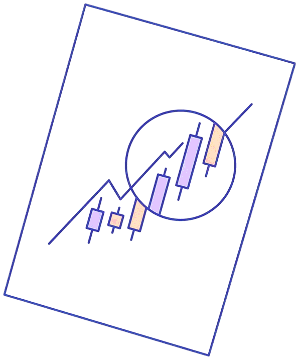 An analysis sheet with a candlestick chart, seen through a lens ring